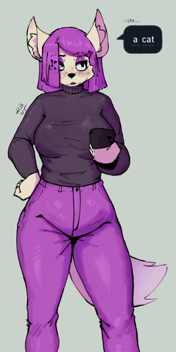accessory alternate_species anthro biped black_clothing black_sweater black_topwear black_turtleneck bottomwear breasts clothed clothing denim denim_bottomwear denim_clothing dialogue eyeshadow female female_anthro fully_clothed furrification hair hair_accessory hairclip hand_on_hip jeans lipstick makeup monotone_background pants purple_bottomwear purple_clothing purple_eyelids purple_eyeshadow purple_hair purple_jeans purple_lipstick purple_pants simple_background solo speech_bubble standing sweater tail text topwear turtleneck alihsart duolingo lily_(duolingo) domestic_cat felid feline felis mammal 1:2 absurd_res artist_name digital_drawing_(artwork) digital_media_(artwork) english_text hi_res signature