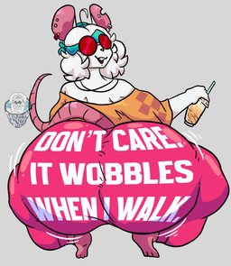 anthro beverage big_butt butt clothed clothing ear_piercing eyewear female hair headgear headkerchief headwear holding_beverage holding_object huge_butt hyper hyper_butt kerchief looking_at_viewer motion_lines piercing red_eyewear shaking_butt smile smiling_at_viewer solo thick_thighs white_hair cantonmesh bella_(cantonmesh) mammal murid murine rat rodent hi_res