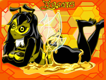 anthro bath big_breasts black_body breasts female food fur honey_(food) solo surprised white_body white_eyes white_fur wings yellow_body b3lcats beella beella_(b3lcats) arthropod bee hymenopteran insect 4:3