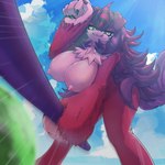 anthro big_breasts breasts cloud female food fruit fur hair huge_breasts melon nipples nude outside plant purple_hair red_body red_fur sky solo standing tongue tongue_out yellow_eyes ebino_senaka yu-gi-oh! donner_dagger_fur_hire fur_hire canid canine canis domestic_dog duel_monster mammal 1:1 hi_res