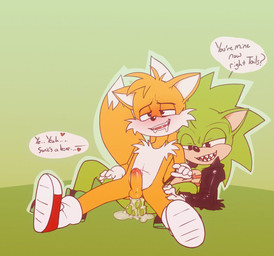 anal anal_penetration anthro balls bodily_fluids clothing cum cum_in_ass cum_inside dialogue drooling duo erection footwear fur genital_fluids genitals green_body green_fur half-closed_eyes heart_symbol infidelity jacket leather leather_clothing leather_jacket leather_topwear lying male male/male male_penetrated male_penetrating male_penetrating_male mind_break narrowed_eyes orange_body orange_fur penetration penis reclining saliva sex shoes shota sitting speech_bubble text topwear young anonanim archie_comics sega sonic_the_hedgehog_(archie) sonic_the_hedgehog_(comics) sonic_the_hedgehog_(series) miles_prower scourge_the_hedgehog canid canine eulipotyphlan fox hedgehog mammal english_text hi_res