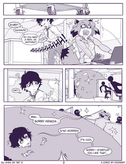 5_fingers anthro body_part_transformation claws clothed clothing computer computer_mouse dipstick_tail electronics female finger_claws fingers group growth male markings office open_mouth question_mark surprised tail tail_growth tail_markings text transformation high5art brand_new_animal studio_trigger kenichi_(bna) michiru_kagemori canid canine human mammal raccoon_dog tanuki 2026 comic digital_media_(artwork) english_text hi_res monochrome