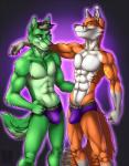 abs anthro athletic biceps black_hair black_nose blue_eyes briefs brown_body brown_fur bulge claws clothed clothing clothing_pull duo fur green_body green_eyes green_fur grey_body grey_fur grin hair looking_at_viewer male male/male muscular navel pecs pose purple_clothing purple_underwear smile standing tail tattoo topless underwear underwear_pull white_body white_fur vallhound zavryn canid canine canis fox mammal wolf 2014 digital_media_(artwork) hi_res portrait three-quarter_portrait