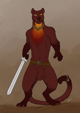 animal_genitalia anthro brown_body brown_fur brown_nose brown_tail ear_piercing ear_ring fangs front_view fully_sheathed fur genitals glistening glistening_eyes holding_melee_weapon holding_object holding_sword holding_weapon looking_at_viewer male male_anthro melee_weapon mouth_closed nude piercing pupils ring_piercing sheath slit_pupils solo standing sword tail teeth weapon yellow_eyes hufnaar euplerid fossa mammal full-length_portrait hi_res portrait