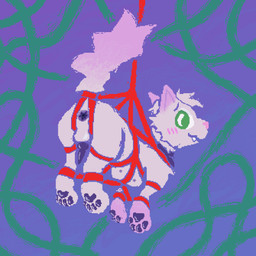 abstract_background animal_genitalia animal_penis anus bdsm blush blush_lines bondage bound canine_genitalia canine_penis fangs feral fur genitals green_eyes harness knot knotted_penis male male_feral pawpads penis pink_body pink_fur pink_tail purple_anus purple_pawpads purple_penis red_harness red_rope restraints rope rope_bondage rope_harness solo suspension tail teeth toony demensa domestic_cat felid feline felis mammal 1:1 2026 digital_media_(artwork) hi_res pixel_(artwork)