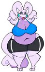 3_toes antennae_(anatomy) anthro athletic_wear barefoot bedroom_eyes belly big_belly big_breasts bottomwear bra breasts cheek_spots cleavage clothed clothing curled_tail deep_navel feet female front_view gym_bottomwear gym_shorts half-closed_eyes hands_behind_head huge_breasts looking_at_viewer narrowed_eyes navel non-mammal_breasts overweight overweight_anthro overweight_female pose purple_body seductive shorts smile solo standing tail thick_tail thick_thighs toes tongue tongue_out underwear white_body wide_hips aimbot-jones mythology nintendo pokemon wasabi_(nonbearnary) dragon generation_6_pokemon goodra mythological_creature mythological_scalie pokemon_(species) scalie 2020 absurd_res hi_res