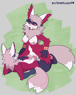 anklet anthro big_ears big_tail blush bodily_fluids bracelet breasts choker circlet cowgirl_position dominant dominant_female drooling duo facial_markings female female_on_top from_front_position fur genital_fluids genitals grey_body grey_fur head_markings jewelry larger_female leg_markings male male/female markings mask_(marking) necklace nipples on_bottom on_top penetration penile penile_penetration penis red_body red_fur saliva sex size_difference socks_(marking) tail vaginal_fluids white_body white_fur sylveonfuckoff annie_and_the_mirror_goat freya_vix sparky_vixult royal_vixult vixult absurd_res hi_res