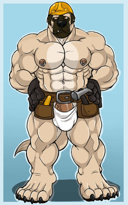 5_toes abs amber_eyes animal_genitalia anthro armor athletic balls belt biceps big_muscles big_penis biped black_nose blue_background brown_body brown_fur bulge claws clothed clothing construction_worker ear_piercing fangs feet fur genitals gloves grey_body grey_fur grin hammer hands_on_hips handwear hard_hat headgear helmet male muscular muscular_anthro muscular_male nipple_piercing nipples orange_eyes pawpads paws pecs penis penis_base piercing pose presenting sheath simple_background smile solo speedo standing swimwear tail tan_body tan_fur teeth toe_claws toes tool_belt tools topless underwear vein white_body white_fur worker arody drunklion bulldog canid canine canis domestic_dog mammal mastiff molosser 2013 5:8 hi_res