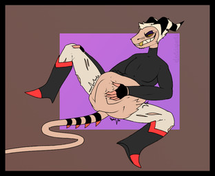 abdominal_bulge anthro belly big_belly black_border blush boots border bottomwear clothed clothed_anthro clothed_male clothing facial_hair fingerless_gloves footwear gloves grin hair hand_on_belly hand_on_leg hand_on_thigh handwear horn looking_down male markings mustache naughty_face pants raised_clothing raised_shirt raised_topwear same_size_vore sharp_teeth shirt shoes sitting smile soft_vore solo spread_legs spreading striped_markings striped_tail stripes stubble tail tail_markings teeth three-quarter_view topwear torn_bottomwear torn_clothing torn_pants vore white_hair yellow_eyes conditional_dnp electricpants138456 hellaverse helluva_boss striker_(helluva_boss) demon imp 2023 colored digital_drawing_(artwork) digital_media_(artwork)