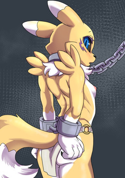 anthro black_sclera bottomwear bound breasts clothed clothing cuff_(restraint) female fur handcuffs loincloth loli looking_back metal_cuffs nipples restraints slave small_breasts solo topless yellow_body yellow_fur young young_anthro daigaijin bandai_namco digimon kidrena canid digimon_(species) mammal renamon absurd_res hi_res