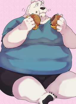 anthro belly big_belly black_nose bottomwear burger clothing food kemono male obese obese_male overweight overweight_male shirt shorts sitting solo topwear white_body arufina_w bear mammal polar_bear ursine 2026 absurd_res hi_res