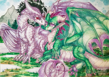 belly big_belly black_hair duo female feral fetus green_body green_scales hair internal looking_at_another loving_gaze lying male male/female mated_pair mountain_range night outside pregnant pregnant_female pregnant_feral purple_spikes romantic romantic_ambiance romantic_couple scales uterus white_body white_scales zayr0lline mythology alex_(zayr0lline) violet_(zayr0lline) dragon mythological_creature mythological_scalie scalie hi_res painting_(artwork) traditional_media_(artwork) traditional_painting_(artwork) traditional_watercolor_(artwork) watercolor_(artwork)