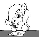 clothing earth_pony emerald_jewel_(colt_quest) equid equine fan_character feral ficficponyfic hasbro horse loose_feather male mammal monochrome my_little_pony paper pony quill simple_background solo writing_text young young_feral young_male