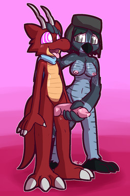 2_horns 3_toes 4_fingers 4_toes anthro anthro_on_anthro beak black_beak black_clothing black_hat black_headwear blue_scarf blush bodily_fluids breasts claws clothing dominant dominant_anthro dominant_female drooling duo erection feathers feet female fingers genitals grey_body grey_eyes grey_feathers grey_horn grey_pupils handjob happy_trance hat hat_only head_grab headgear headgear_only headwear headwear_only horn hypnosis interspecies knot looking_at_another looking_pleasured male male/female medium_breasts mind_control mostly_nude nipples nude open_mouth penile penis pink_eyes pink_nipples pink_penis pupils ringed_eyes saliva scales scarf scarf_only sex smile standing submissive submissive_anthro submissive_male tail talons toe_claws toes tongue tongue_out white_claws white_eyes yellow_body yellow_scales ultilix mythology avian bird dragon mythological_creature mythological_scalie owl scalie 2022 character_request hi_res