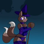 2_tails anthro brown_body brown_fur clothed clothing crossdressing femboy fur hat headgear headwear lingerie magic_user male multi_tail purple_clothing purple_eyes solo tail witch witch_hat young young_anthro young_male sleepyly kohaku_(sleepyly) canid canine fox mammal 1:1 hi_res