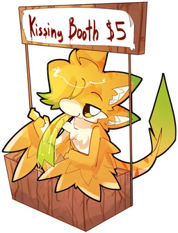 4_ears ambiguous_gender anthro blonde_hair bodily_fluids green_tongue hair inner_ear_fluff kissing_booth leaf leaf_tail long_tongue looking_at_viewer multi_ear saliva simple_background smile smirk solo tail tongue tuft yellow_tongue foxsicle avali
