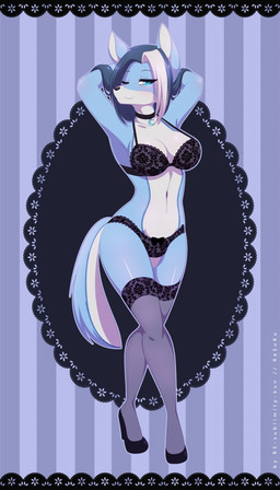 anthro biped blue_body blue_eyes blue_fur blue_hair bra breasts cleavage clothed clothing collar female footwear fur hair high_heels legwear lingerie looking_at_viewer multicolored_body multicolored_fur multicolored_hair navel one_eye_closed panties pattern_background pumps shoes simple_background solo standing stockings two_tone_body two_tone_fur two_tone_hair underwear white_body white_fur white_hair re-sublimity-kun luna_(lunarnight) canid canine mammal 2015 digital_media_(artwork) hi_res