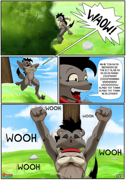 animal_genitalia anthro big_breasts breasts brown_body brown_fur dialogue fully_sheathed fur genitals gynomorph hair intersex language_barrier penis_in_sheath sheath solo tail spoogiehowl hyena mammal absurd_res comic hi_res