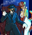 duo female male mob smoking danji-isthmus beagle canid canine canis domestic_dog domestic_ferret hunting_dog mammal mustelid musteline scent_hound true_musteline weasel digital_drawing_(artwork) digital_media_(artwork) hi_res