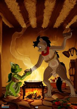 animal_genitalia anthro balls bent_legs big_breasts black_hair blush bottomless breasts brown_body brown_fur claws cleavage clothed clothing duo eyes_closed feet fingers fire food fully_sheathed fungus fur fur_markings genitals green_body green_fur green_hair gynomorph hair herm hindpaw hug intersex kneeling_oral_position looking_at_viewer markings muscular mushroom navel paws penis penis_tip ponytail rock scarf sheath shy simple_background sitting size_difference speech_bubble spread_legs spreading standing steam tail text thick_thighs tight_clothing topwear wood spoogiehowl patreon holt_(spoogiehowl) canid canine fox hyena mammal 2025 absurd_res colored comic digital_media_(artwork) full-length_portrait hi_res portrait shaded story url herm_(lore)