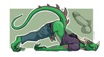 anthro balls bottomwear bottomwear_down circumcised clothed clothing genitals green_body horn humanoid_genitalia humanoid_penis male masturbation pants pants_down partially_clothed penile penile_masturbation penis shirt silly silly_face solo tail topwear atinylilshark lilshark mythology dragon mythological_creature mythological_scalie scalie hi_res