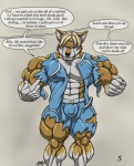 abs anthro biceps big_muscles biped black_nose blonde_hair bottomwear brown_body brown_fur bulge canid canine canis clenched_teeth clothed clothing comic dialogue doctor's_office english_text eyes_closed fangs flexing fur grey_body grey_fur growth hair hi_res huge_muscles male mammal muscle_growth muscular muscular_anthro muscular_male obliques open_clothing open_shirt open_topwear pants pecs permanent permanent_transformation pose scrubs shirt solo standing tan_body tan_fur teeth text topwear torn_clothing transformation transformation_through_cum triceps vein veiny_muscles verbal_reaction_to_tf wolf zeusralo