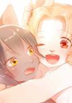 anthro black_hair blonde_hair domestic_cat duo felid feline felis female hair kemono kiichi lagomorph leporid mammal momo_(kiichi) one_eye_closed open_mouth rabbit simple_background