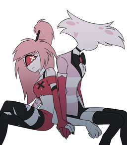 1_eye 4_arms bra_strap clothed clothing duo female hand_holding male multi_arm multi_limb simple_background white_background enaic31 hazbin_hotel hellaverse angel_dust cherri_bomb_(hazbin_hotel) arachnid arthropod cyclops demon demon_humanoid humanoid spider hi_res