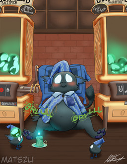 3_toes 4_fingers accessory ambiguous_gender anthro barefoot beak beak_closed belly big_belly big_ears biped black_beak black_body black_fur black_tail black_tail_tuft blue_clothing blue_hat blue_headwear blue_inner_ear blue_pajamas blue_topwear blush bodily_fluids bodily_noises bottomless bottomless_anthro bottomless_male brick brick_wall candle candlestick chain_accessory cheek_tuft claws clock clothed clothed_anthro clothed_male clothing crescent_moon detailed_background ears_down empty_eyes facial_tuft featureless_crotch feet finger_claws fingers floor fur glowing glowing_eyes group hat head_on_pillow headgear headwear hindpaw male moon mouth_closed nightcap pajamas pattern_clothing pattern_hat pattern_headgear pattern_headwear pattern_pajamas pattern_topwear pawpads paws pillow pivoted_ears pocketwatch purple_pawpads rumbling_stomach semi-anthro sitting slot_machine small_claws solo_focus sound_effects spread_legs spreading striped_clothing striped_hat striped_headgear striped_headwear stripes sweat sweatdrop tail tail_tuft text toe_claws toes topwear trio tuft vowelless vowelless_sound_effect wall_(structure) watch white_eyes window wood wood_floor young young_anthro young_male matszu deadlock_(game) mythology valve lil_helper_(deadlock) rem_(deadlock) avian chimera dream_creature gryphon mythological_avian mythological_creature 2026 english_text hi_res