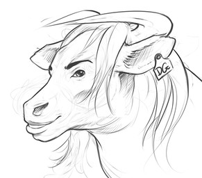 ambiguous_gender ear_piercing ear_tag eyebrows feral glistening glistening_eyes hair horn lips looking_at_viewer piercing side_view simple_background smile solo toony darkgem bovid bovine cattle mammal monochrome sketch