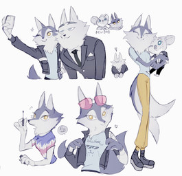 amber_eyes anthro black_clothing black_suit blue_clothing blue_jacket blue_topwear clothing duo female feral fur jacket male pointy_ears prick_ears suit topwear white_body white_fur masayo illumination_entertainment sing_(movie) buster_moon jimmy_crystal porsha_crystal arctic_wolf canid canine canis koala mammal marsupial vombatiform wolf 2022 hi_res