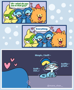ambiguous_gender blush bodily_fluids dialogue group heart_symbol smile speech_bubble tears text mana-chan nintendo pokemon pokemon_winds_and_waves avian browt canid canine gecqua generation_10_pokemon generation_8_pokemon mammal pokemon_(species) pombon reptile scalie sobble 2026 comic english_text hi_res