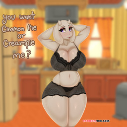 anthro belly big_breasts blurred_background breasts clothing female fur lingerie navel open_mouth purple_eyes solo text white_body white_fur holaxes undertale_(series) toriel bovid caprine goat mammal absurd_res hi_res watermark