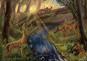 ambiguous_gender antlers creek day feral grass group horn light lying outside plant standing sun sunlight water flashw aquatic arthropod butterfly canid canine deer felid fish fox insect leopard lepidopteran mammal pantherine red_fox true_fox 2012 digital_media_(artwork) digital_painting_(artwork) painting_(artwork)