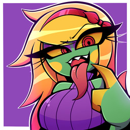 3_fingers accessory anthro big_breasts blonde_hair border breasts claws clothing eyelashes female fingers gesture green_body hair hair_accessory hairband hand_gesture long_eyelashes long_hair long_tongue outline pointing pointing_at_self purple_background purple_clothing red_eyes red_hairband sharp_teeth simple_background sleeveless_clothing solo sweater tapering_tongue teeth tongue tongue_out topwear white_border yellow_claws yellow_sclera nelljoestar eliza_(nelljoestar) iguana iguanid lizard reptile scalie 1:1 bust_portrait digital_media_(artwork) icon portrait