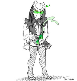anthro balls_in_underwear blush blush_lines blushing_profusely bottomwear clothed clothing clothing_lift dreadlocks ejaculation erection femboy fishnet_clothing fishnet_legwear genitals green_penis head_tilt heart_symbol legwear maid_uniform male mask masturbation penile penile_masturbation penis simple_background skirt skirt_lift solo standing_on_toes uniform white_background sasha_demogorgon predator_(franchise) alien yautja 2021 dated monochrome