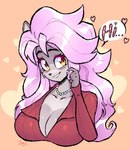 anthro big_breasts blush breasts cleavage clothed clothed_anthro clothed_female clothing female gem greeting grey_body hair jewelry long_hair necklace pearl_(gem) pearl_necklace pink_hair red_clothing solo yellow_eyes jamoart helene_marilyn cricetid hamster mammal rodent 2024 absurd_res hi_res