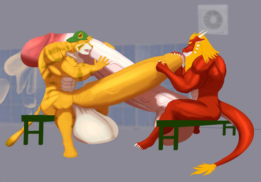 anthro balls big_balls big_penis genitals huge_balls huge_penis humanoid_genitalia humanoid_penis hyper hyper_balls hyper_genitalia hyper_penis locker_bench locker_room male muscular muscular_anthro penis red_body red_scales scales stripes aurum_fire mythology dragon felid mammal mythological_creature mythological_scalie pantherine scalie tiger
