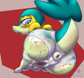 animal_genitalia anus big_butt blue_eyes blush bodily_fluids butt butt_focus clothing collar dialogue dialogue_box facial_piercing feet genital_fluids genital_slit genitals gold_(metal) gold_jewelry huge_butt implied_transformation jewelry legwear looking_at_viewer looking_back nose_piercing nose_ring nude panties penis piercing presenting presenting_hindquarters puffy_anus raised_tail ring_piercing seductive simple_background small_penis speech_bubble stockings sweat sweaty_butt sweaty_genitalia tail underwear wet wet_clothing wet_underwear wide_hips conditional_dnp ori-doggo nintendo pokemon zoom_(ori-doggo) generation_5_pokemon pokemon_(species) snivy absurd_res hi_res