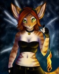 anthro bell biped choker clothing eyewear female fire fire_poi gloves goggles green_eyes handwear jewelry looking_at_viewer mephitis necklace poi solo standing stripes tail magpie_(artist) orange04 meph felid hybrid lagomorph leporid mammal pantherine rabbit tiger 4:5