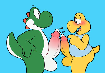 anthro balls big_penis blush bodily_fluids clothing comparing duo frottage genital_fluids genitals huge_penis humanoid_genitalia humanoid_penis male male/male penile penis penises_touching precum sex shirt simple_background sound_effects topwear birdvian mario_bros nintendo green_yoshi koopa koopa_troopa scalie yoshi hi_res
