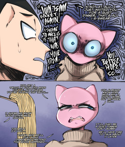 anthro bodily_fluids clothed clothing dialogue duo eyelashes female front_view male open_mouth pink_body pupils side_view simple_background sweat text saltyxodium nintendo pokemon team_rocket giovanni_(pokemon) generation_1_pokemon human legendary_pokemon mammal mew_(pokemon) pokemon_(species) hi_res