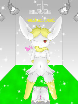 anus breasts female fur genitals mirror nipples red_eyes solo sparkles spread_legs spreading text vulva white_body white_fur yellow_body yellow_fur silavos nintendo pokemon generation_6_pokemon humanoid meowstic pokemon_(species) shiny_pokemon 3:4 archived_source hi_res watermark