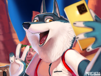 anthro cellphone clothed clothing costume electronics female fur gesture group hand_gesture holding_cellphone holding_object holding_phone holding_smartphone open_mouth phone selfie smartphone smile standing taking_picture taking_selfie teeth tongue topwear trio v_sign yellow_eyes zipper magnetus illumination_entertainment sing_(movie) buster_moon porsha_crystal rosita_(sing) canid canine canis domestic_pig koala mammal marsupial suid suine sus_(pig) vombatiform wolf 2025 4:3 digital_media_(artwork) hi_res