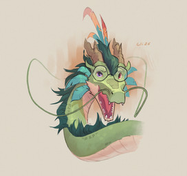 eyewear feathers feral fur glasses green_body green_fur green_hair hair heterochromia horn male mane open_mouth scales solo wearing_glasses whiskers uliovka mythology dragon eastern_dragon mythological_creature mythological_scalie scalie hi_res
