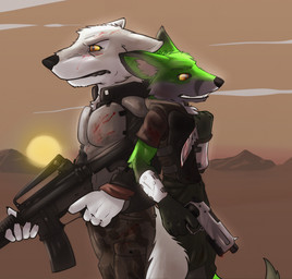 5_fingers angry anthro ar-15 armor assault_rifle back_to_back black_body black_fur black_lips black_nose blood blood_on_armor blood_on_weapon bodily_fluids bottomwear bulletproof_vest camo chest_tuft clenched_teeth clothing cloud combat_knife desert detailed_background dipstick_ears duo ear_markings fingers fur gloves green_body green_fur gun handgun handwear holding_gun holding_object holding_ranged_weapon holding_weapon inner_ear_fluff knife lips male multicolored_body multicolored_ears multicolored_fur orange_eyes outside pants pistol ranged_weapon reverse_grip rifle scared shirt sky slim standing sun tail teeth topwear tuft weapon white_body white_fur yellow_sclera syynx canid canine canis fox mammal wolf 2011 hi_res portrait three-quarter_portrait