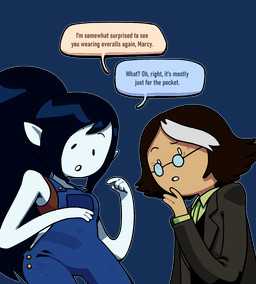 clothed clothing duo eyewear female glasses hair male not_furry overalls ponytail text toony topwear discount-supervillain adventure_time cartoon_network fionna_and_cake fionna_and_cake_(franchise) marceline_abadeer simon_petrikov demon demon_humanoid human humanoid mammal vampire alpha_channel digital_media_(artwork) english_text