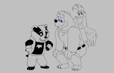 anthro backpack belt blue_eyes bottomwear clothing crouching female green_eyes group male shark_tooth_necklace shorts smile topwear trio vest boar_on_board banjo-kazooie bradley_the_badger_(game) rareware banjo_(banjo-kazooie) bradley_(bradley_the_badger) kazooie avian badger bear bird mammal mustelid musteline hi_res