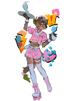 anthro beverage bottomwear clothing crop_top eyewear femboy footwear glasses legwear male milkshake pink_clothing quad_skates roller_skates serving serving_tray shirt shorts simple_background solo thigh_highs topwear wearing_glasses white_background working papyuuno canid canine canis domestic_dog mammal painting_(artwork) watercolor_(artwork)