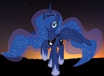 blue_body blue_feathers blue_hair cosmic_hair cutie_mark ethereal_hair feathered_wings feathers female feral hair hair_over_eye horn looking_at_viewer one_eye_obstructed quadruped solo spread_wings starry_hair sunset tail wings sergrus friendship_is_magic hasbro my_little_pony mythology princess_luna_(mlp) equid equine mammal mythological_creature mythological_equine winged_unicorn